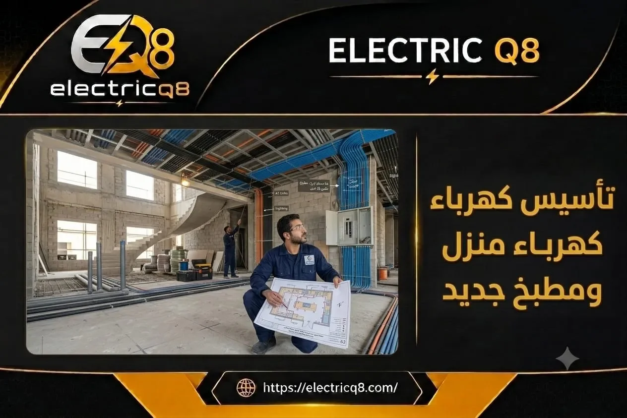 تأسيس كهرباء منزل ومطبخ جديد في الكويت مع تمديد الأسلاك والقواطع أثناء التشطيب